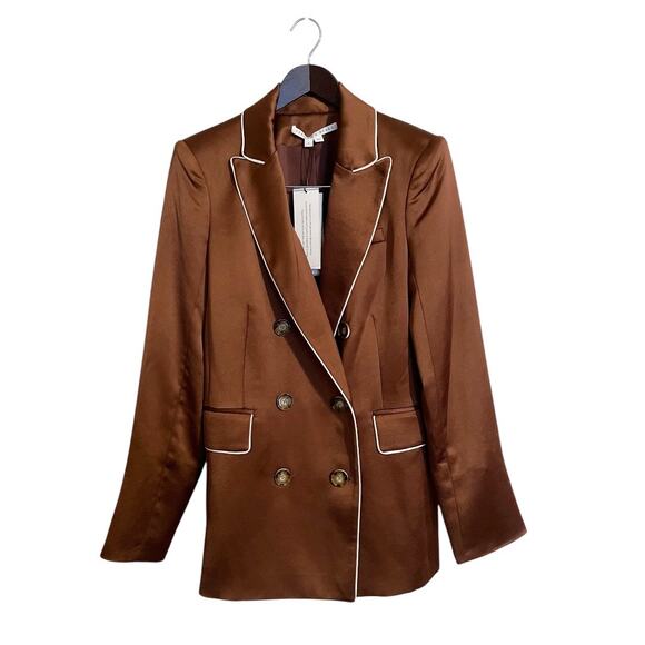 Veronica Beard Brown Satin Roche Double Breasted Long Sleeve Flap Pockets Blazer - Picture 2 of 7